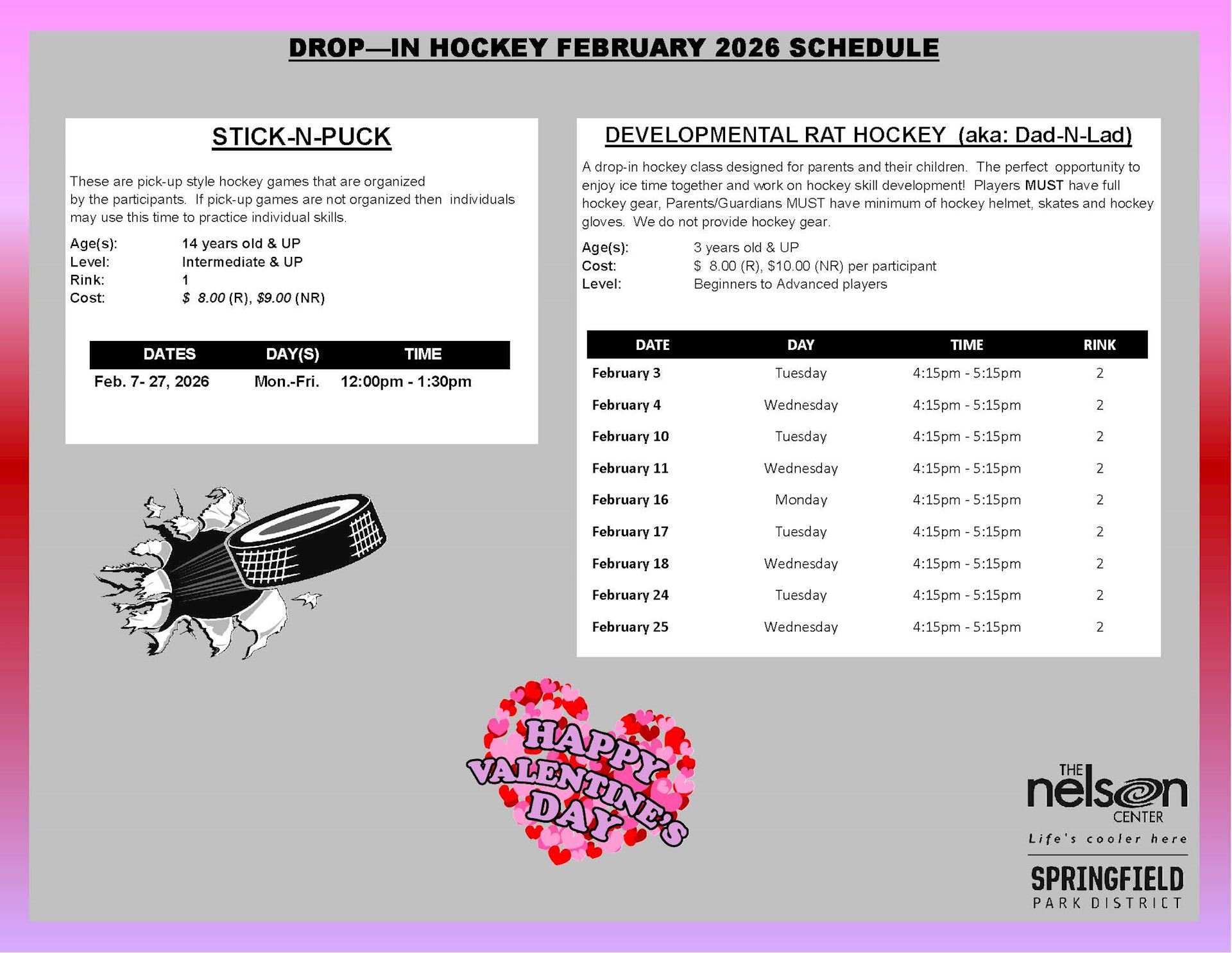 February Drop-In Hockey Schedule